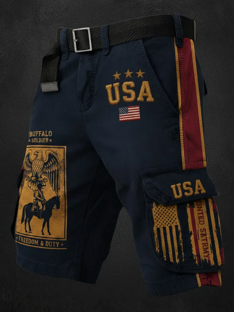 Men's Buffalo Soldier Freedom & Duty USA Vintage Print Casual Shorts