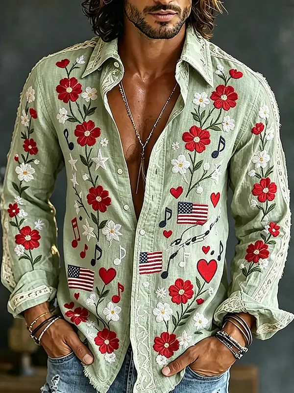 Men's Floral Music Note And American Flag Print Long Sleeve Shirt