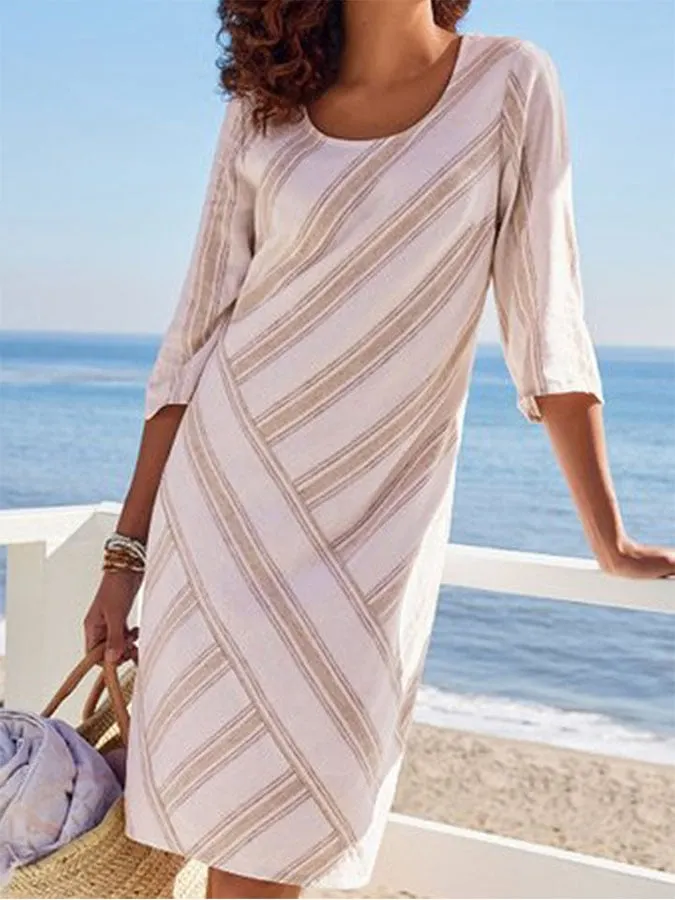 Ladies Striped Cotton Linen Striped Mid Length Dress