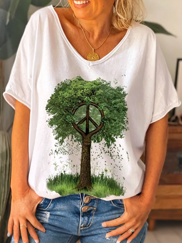 Women's Peace Sign Tree Print Casual T-Shirt