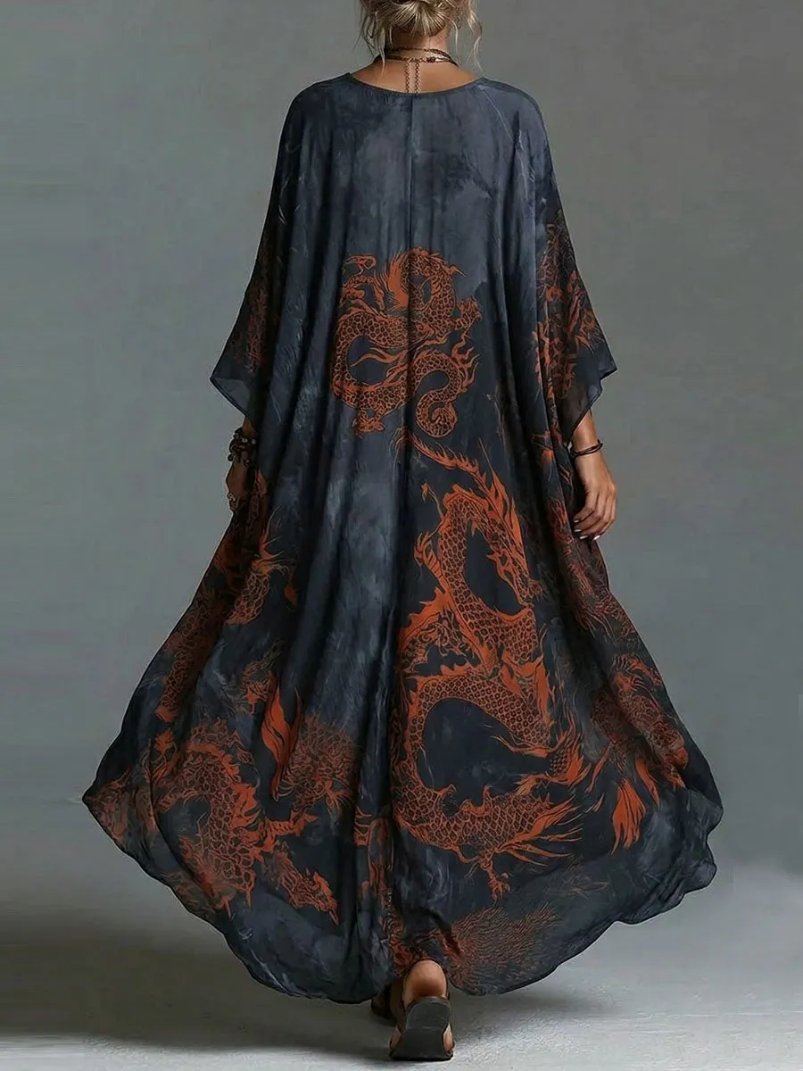 Women's Vintage V-neck Long-sleeve Casual Loose Cotton-linen Dress With Placement Print