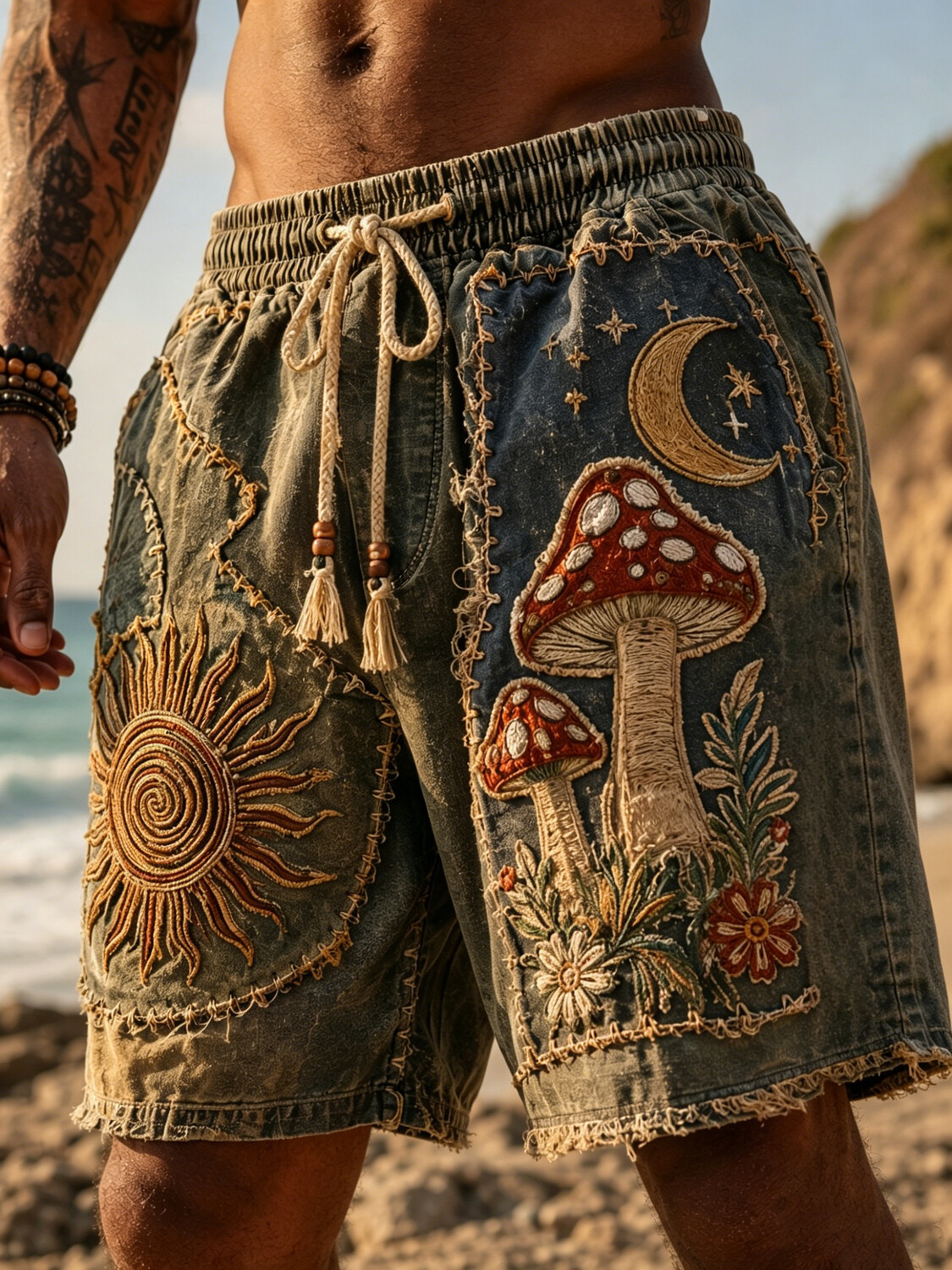 Men's Mushrooms Sun And Moon Mystical Hippie Art Print Vacation Style Casual Shorts