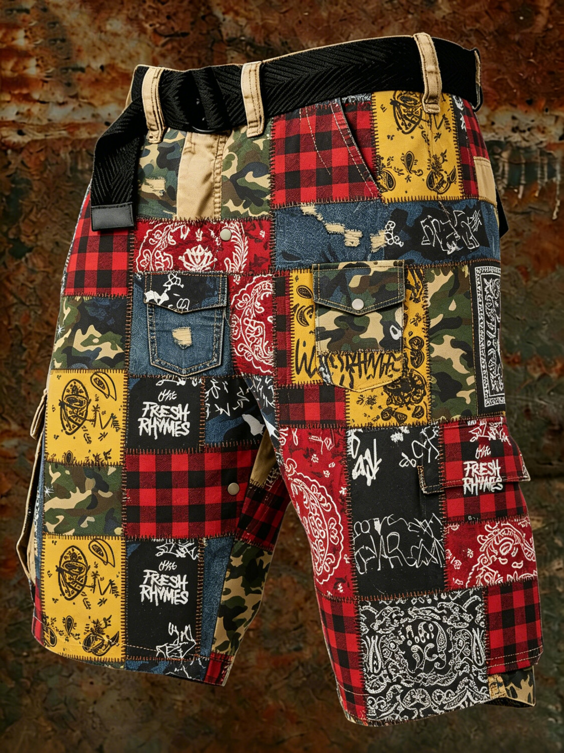 Men's Multi-Pattern Patchwork Plaid Camo Paisley Art Print Casual Shorts