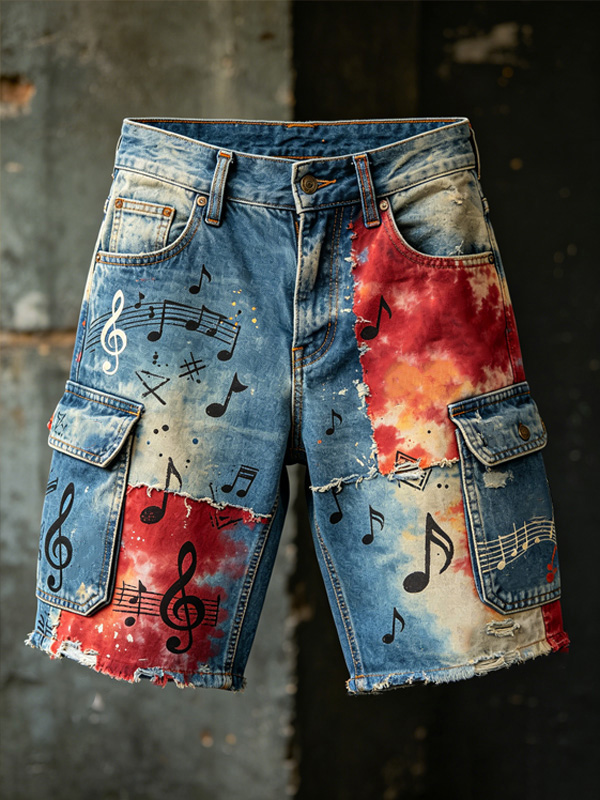 Men's Music Note Print Tie-Dye Casual Shorts