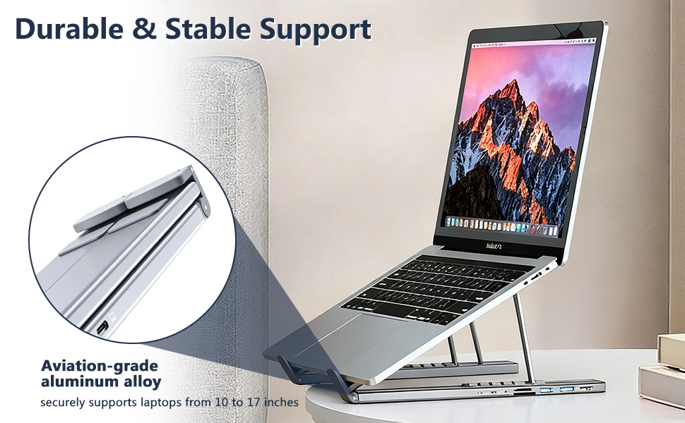 Laptop stand product showcase with multiple angles, demonstrating adjustable positions and ergonomic features. Aviation-grade aluminum material highlighted.