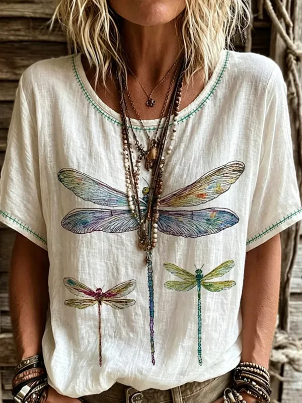 Women's Watercolor Dragonfly Art Print Casual T-Shirt