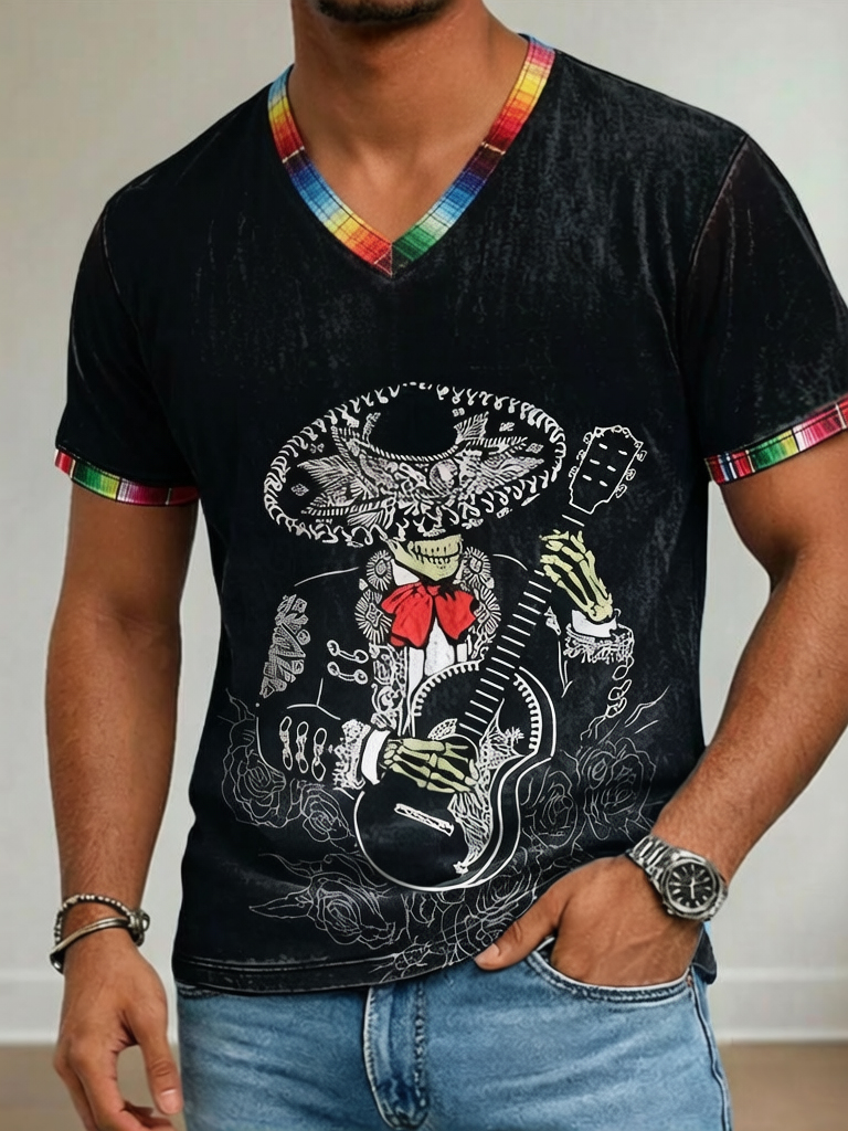 Men's Skull Guitarist Floral Printed Casual V Neck T-Shirt