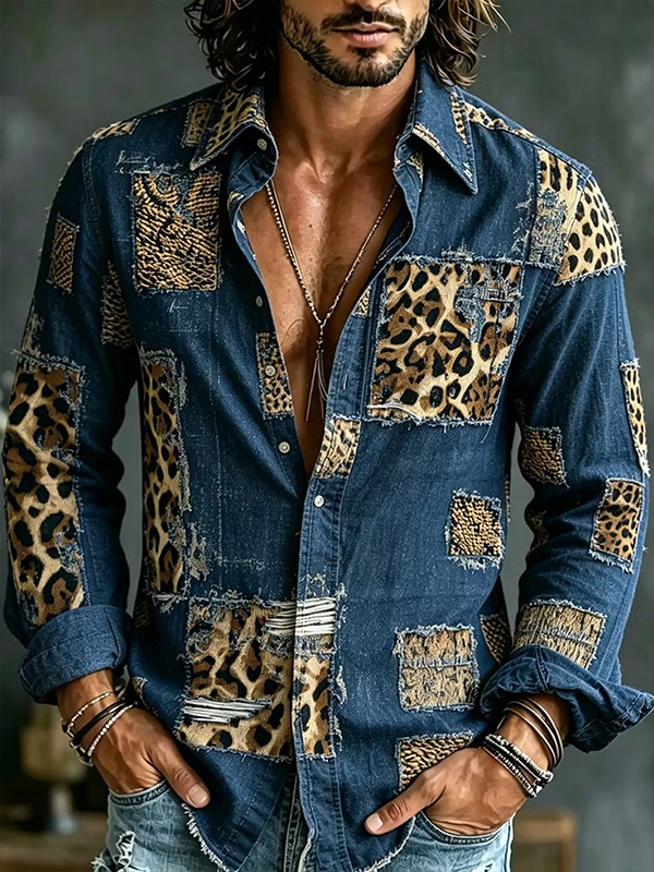 Men's Retro Leopard Print with Geometric Patchwork Print Long Sleeve Shirt