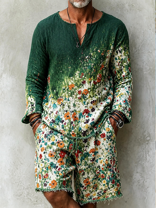 Men's Colorful Flowers Gradient Art Print V Neck Long Sleeve T-Shirt Shorts Matching Set