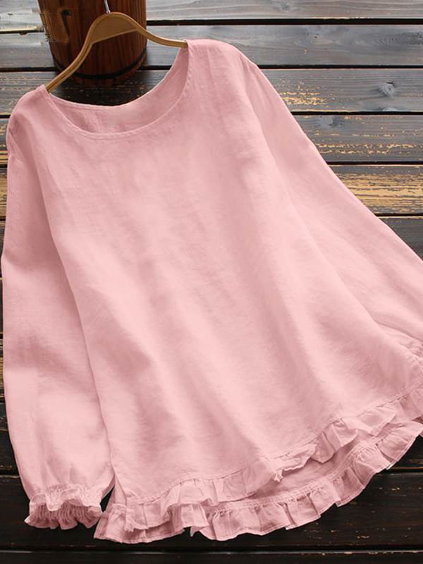 Women's Cotton Linen Solid Color Round Neck Long Sleeve Shirt