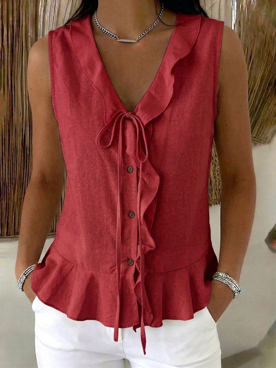 Women's Casual V-Neck Ruffled Sleeveless Tank Top