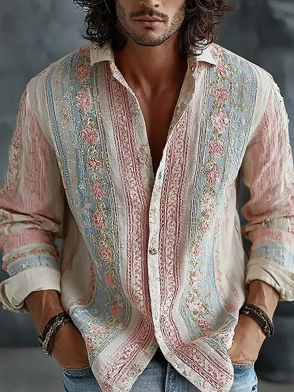 Men's Retro Boho Floral Stripes Art Print Long Sleeve Shirt