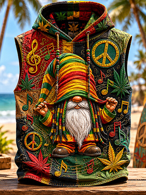 Men's Reggae Gnome Peace Sign Colorblock Print Hooded Tank Top