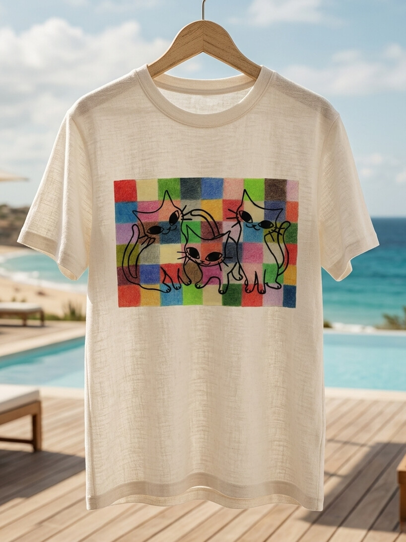 Men's Cats Colorblock Plaid Print Cotton Casual T-Shirt