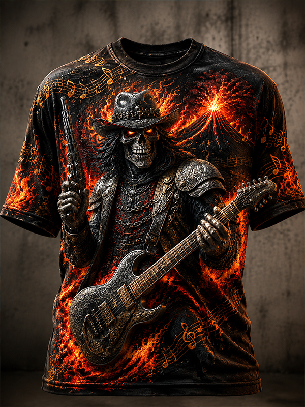 Men's Fiery Skeleton Cowboy Guitarist Heavy Metal 3D Art Print T-Shirt