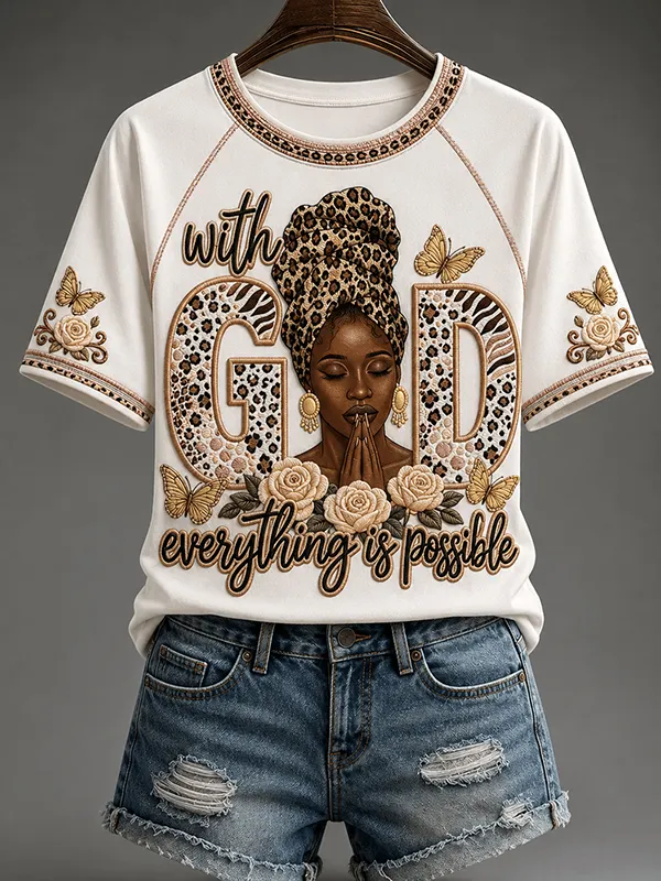 Women's With God Everything Is Possible Faith Art Print Casual T-Shirt