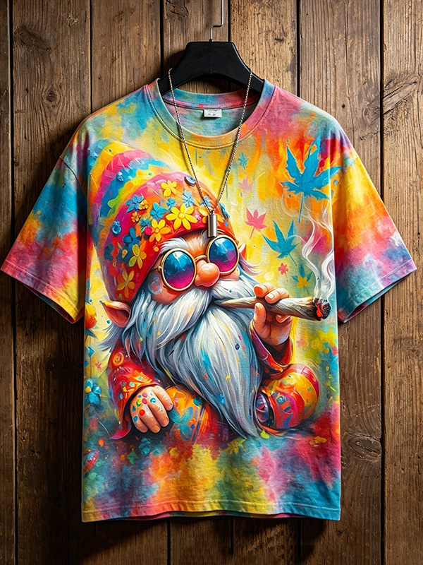 Men's Tie-Dye Hippie Gnome Marijuana Leaf Print T-Shirt