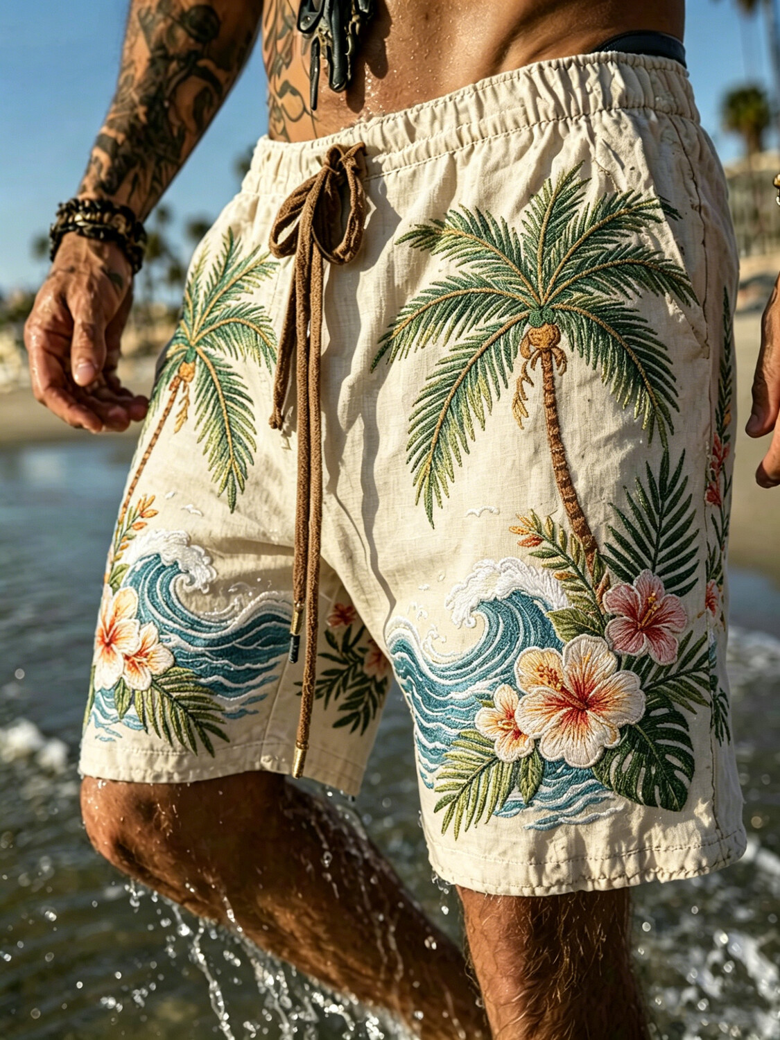 Men's Palm Tree Hibiscus Wave Print Casual Beach Shorts