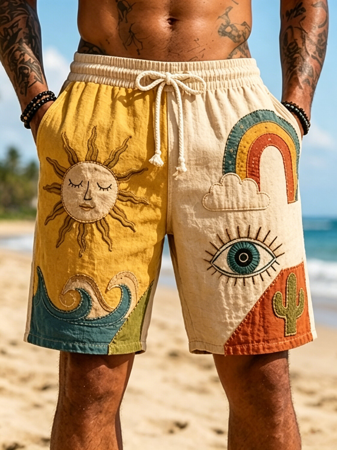 Men's Mysterious Eye Sun  Moon Cactus Graphic Print Casual Shorts