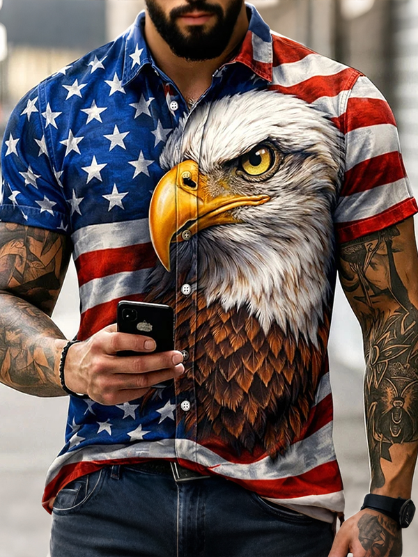 **Red, White & Bold: Men's Retro American Flag And Wild Bald Eagle Art Print Shirt**