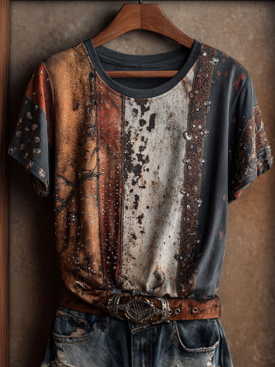Women's Cowhide Patchwork Rhinestone Studded Color Block Art Print Casual T-Shirt
