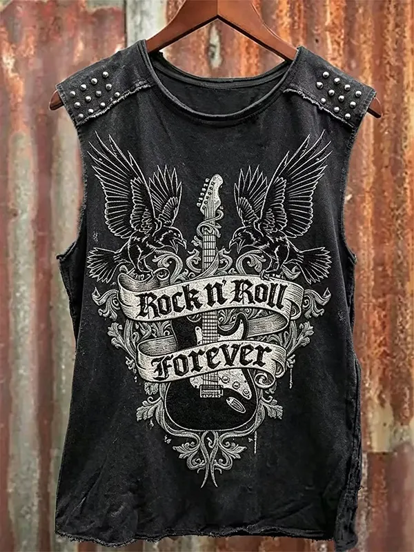 Men's Rivet Shoulder Twin Crow Guitar Rock N Roll Art Print Tank Top