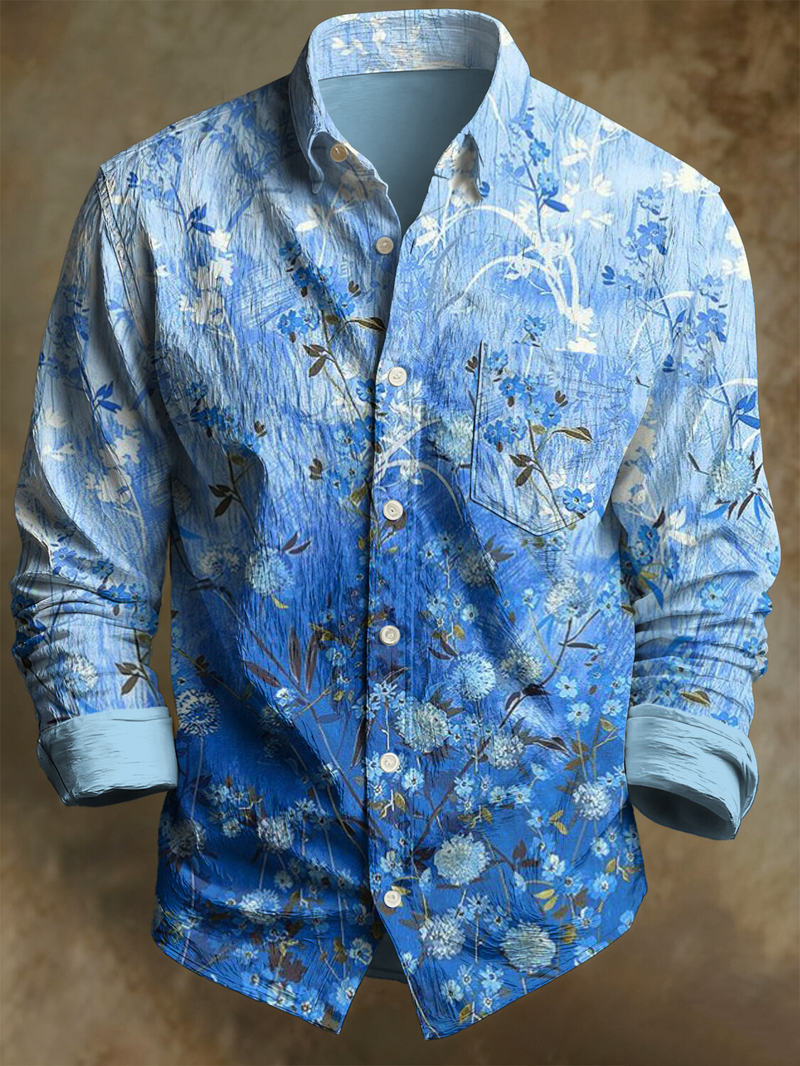 Men's Ombre Oil Painting Texture Flowers Print Long Sleeve Shirt