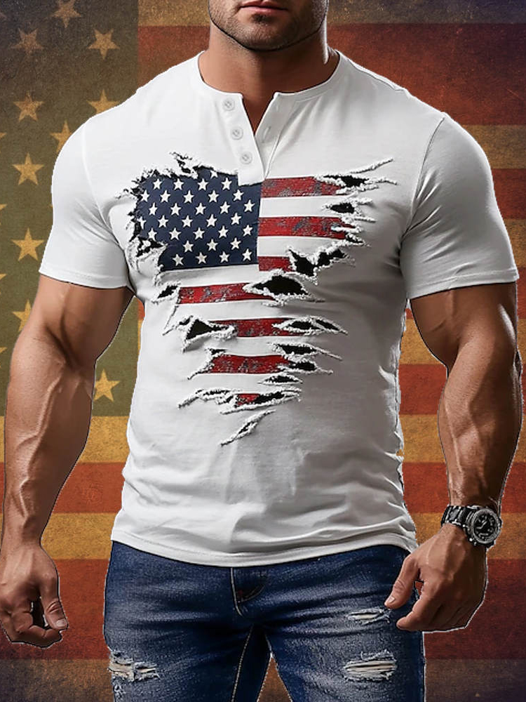 Men's Ripped American Flag Art Print Casual V Neck Button T-Shirt