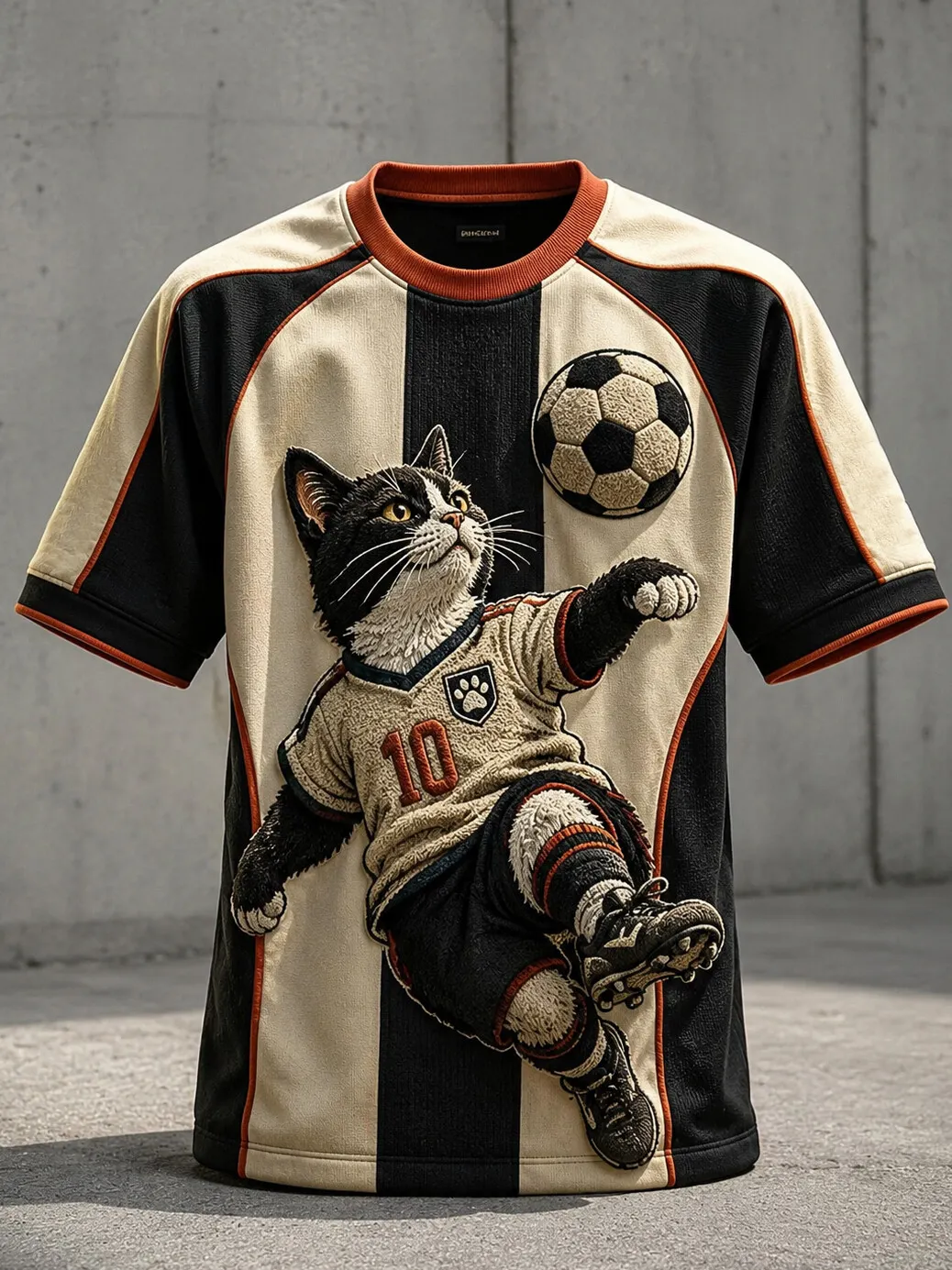 Men's Vertical Stripe 3D Embossed Soccer Cat Number 10 Art Print T-Shirt