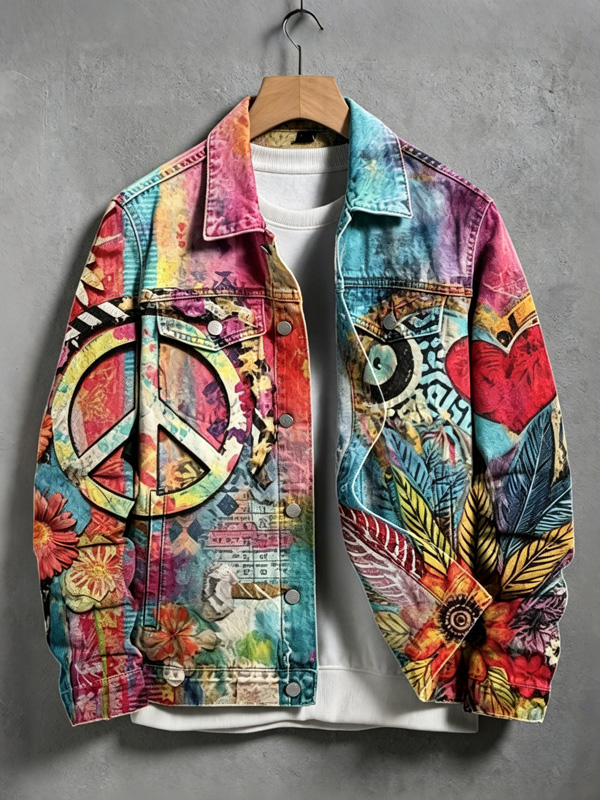 Men's Rainbow Ombre Flowers Peace Sign Print Long Sleeve Shirt