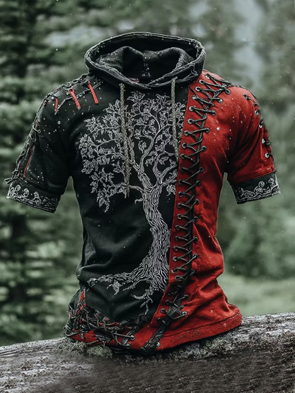 Men's Patchwork Yggdrasil Tree Of Life Lace‑Up Art Print Hooded T-Shirt