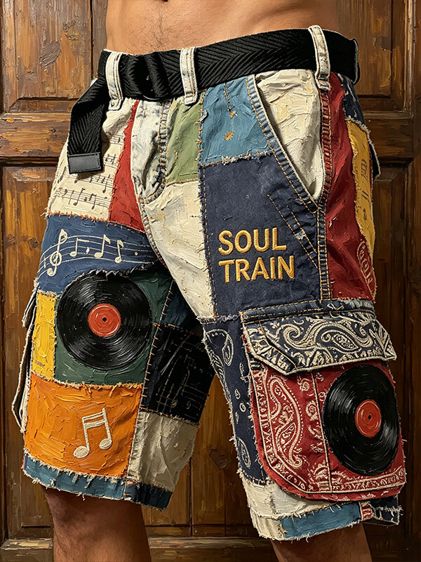 Men's SOUL TRAIN Vinyl Record Oil Painting Texture Paisley Art Print Denim-Like Casual Shorts