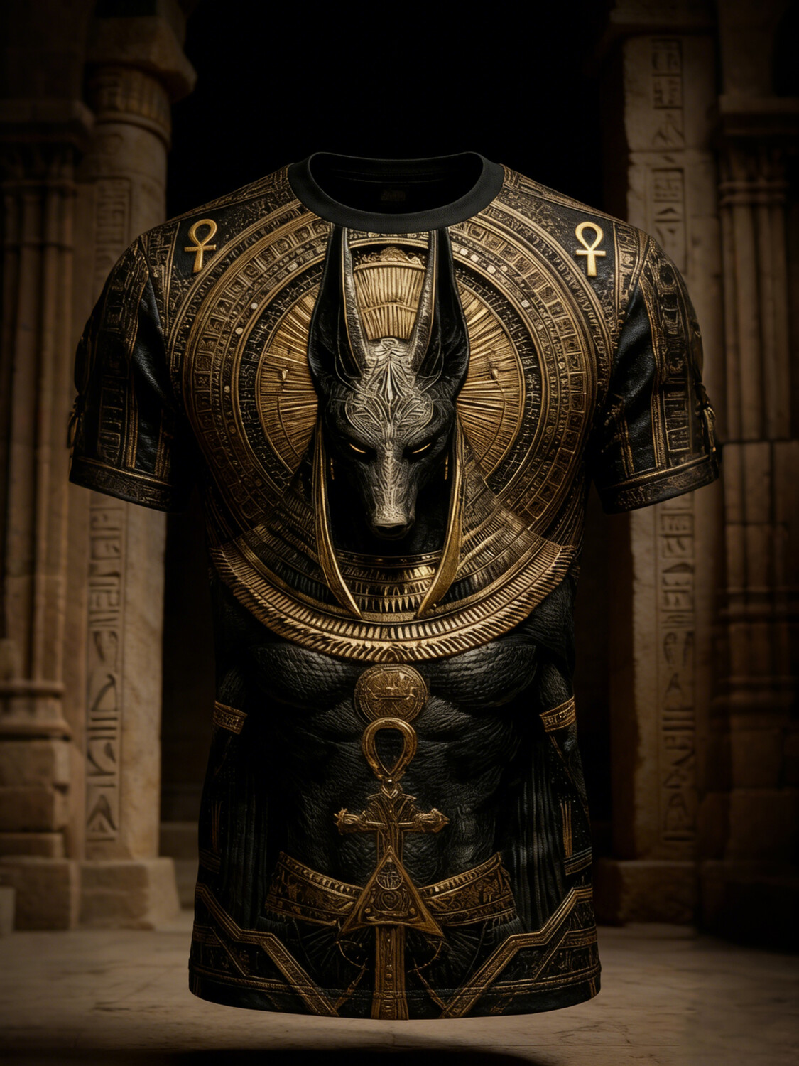 Men''s Anubis Egyptian God Ankh Symbol Print T Shirt