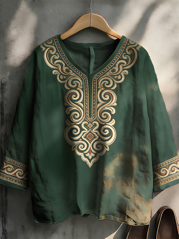 Women's Gold Vintage Scroll Pattern Print V Neck Long Sleeve T-Shirt