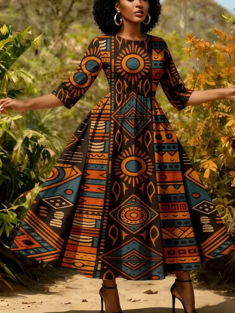 Women's African Tribal Print 3/4 Sleeve Maxi Dress