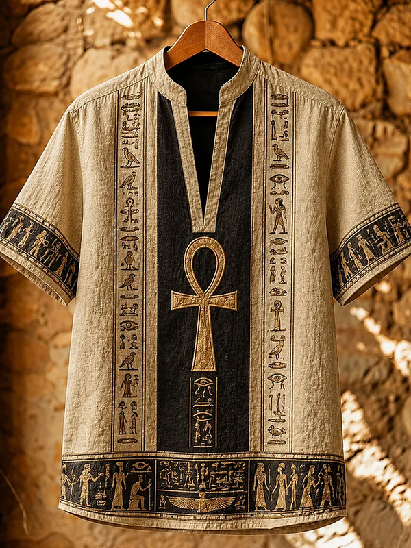 Men''s Ancient Egyptian Ankh Patterns Art Print V Neck T Shirt