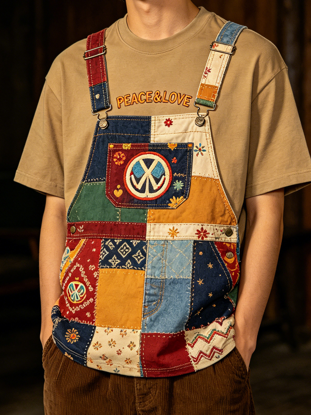 Men's Peace & Love Patchwork Hippie Print T-Shirt