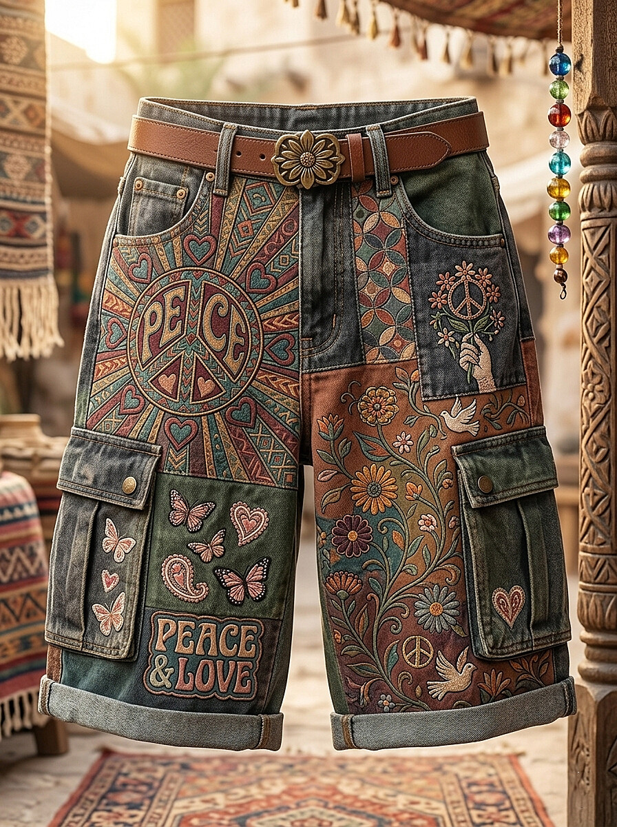 Men's Hippie Flower Paisley Butterfly Peace and Love Print Cargo Shorts