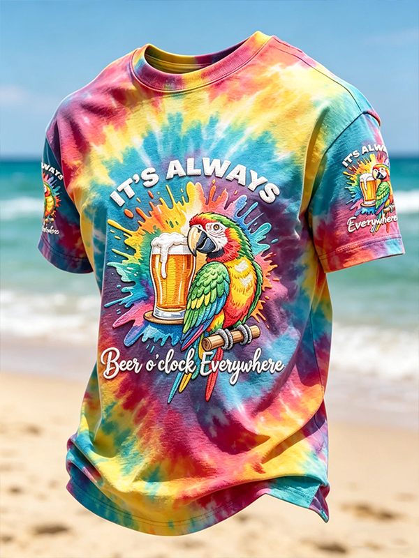 Men's It's Always Beer O'Clock Everywhere Parrot Tie-Dye Print Casual T-Shirt