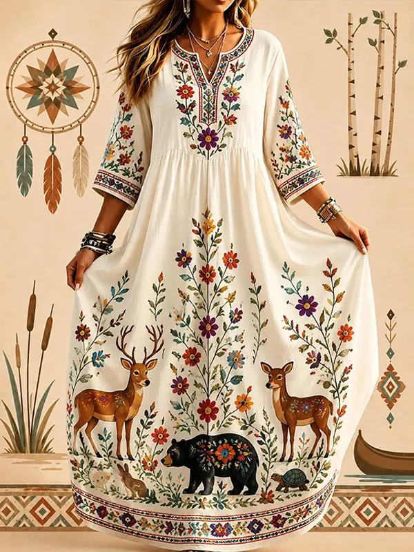 Women's Boho Animals Natural Flowers Print V Neck Pockets Long Sleeve Maxi Dress