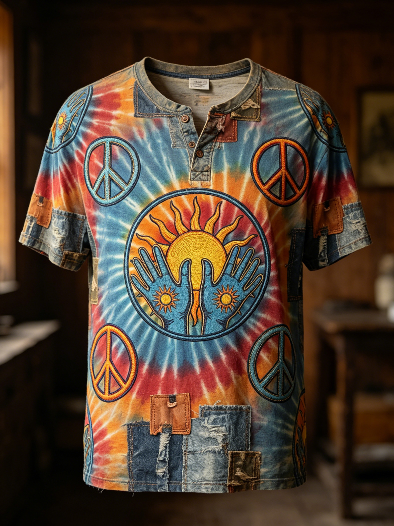 Men's Peace Sign Sun Tie-Dye Hippie Print Half Button Henley T-Shirt