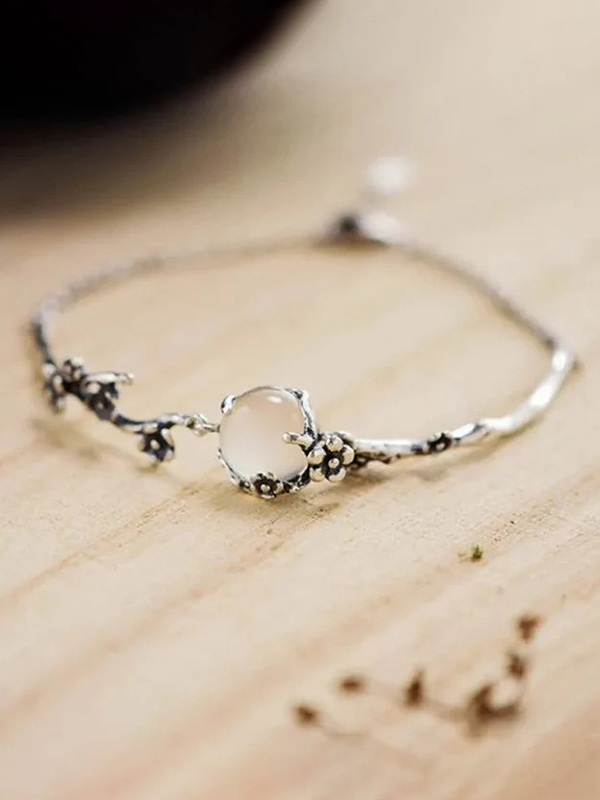 Buddha Stones Vintage Silver Plum Blossom Chalcedony Bangle