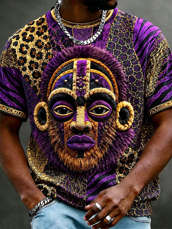 Men's African Tribal Mask Fuzzy Leopard Print T-Shirt