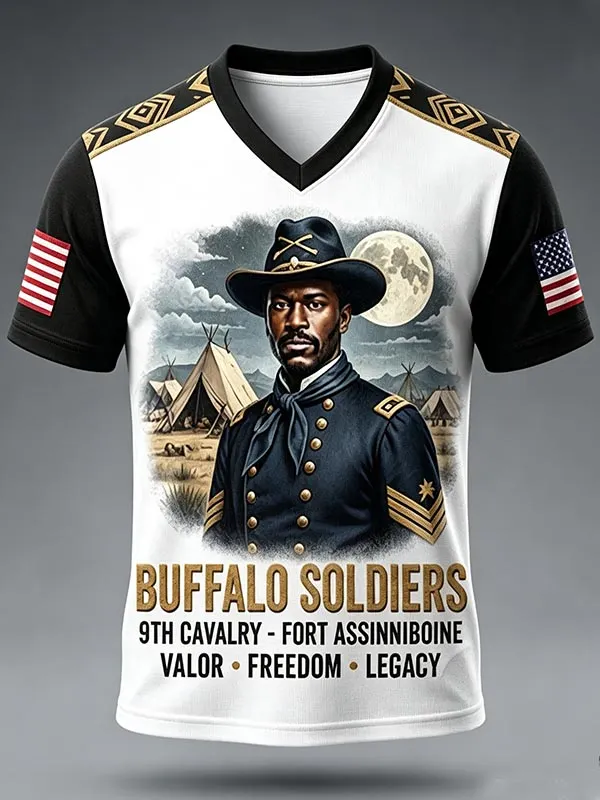 Men's Buffalo Soldiers Vintage Print Casual V Neck T-Shirt