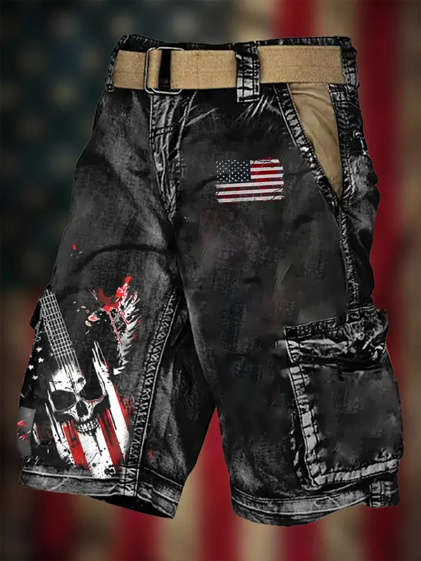 Men's USA Flag Skull Print Cargo Shorts