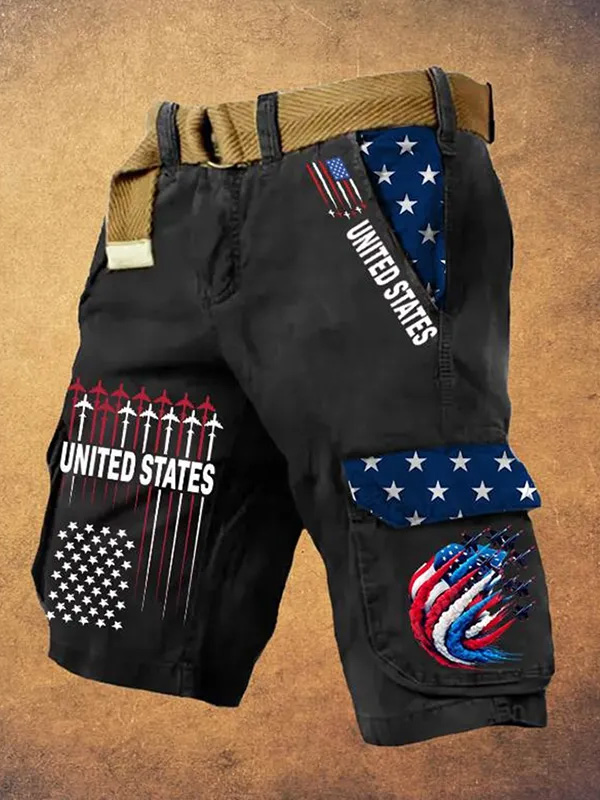 Men's Independence Day Stars Stripes United States Print Denim-Like Cargo Shorts