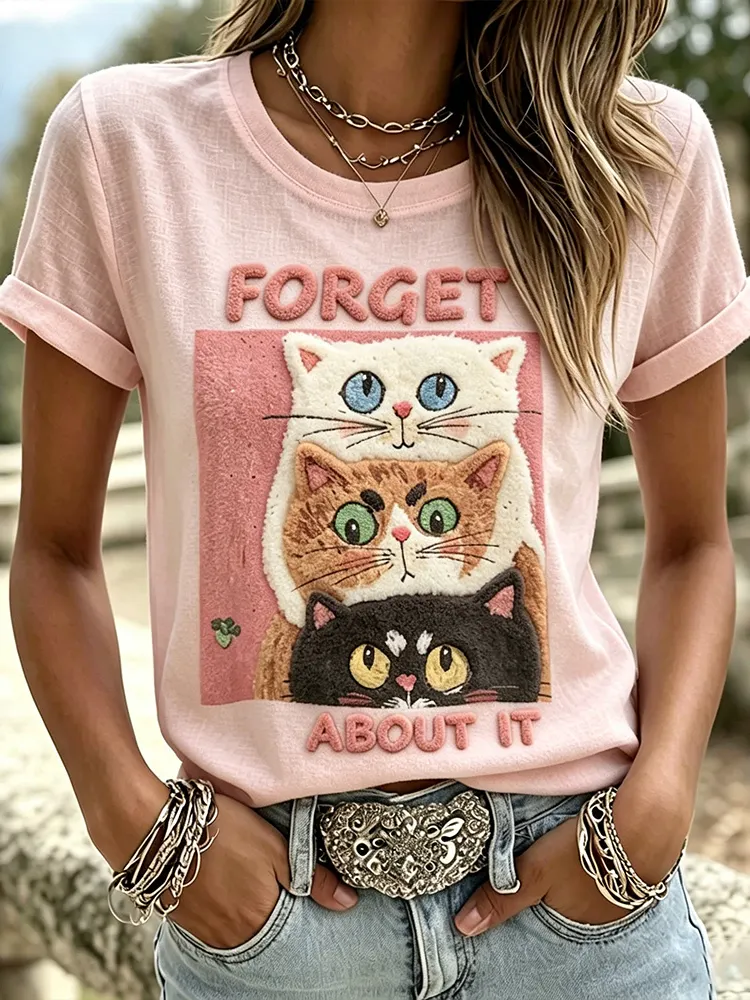 Women's Forget About It 3D Flocked Stacked Cats Art Print Casual T-Shirt