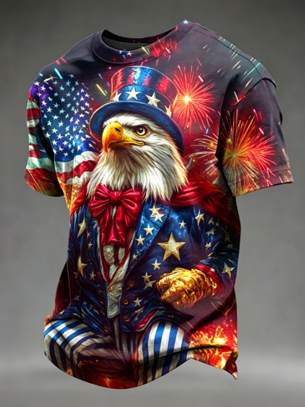 Men's Independence Day Firework Bald Eagle Flag Print Casual T-Shirt