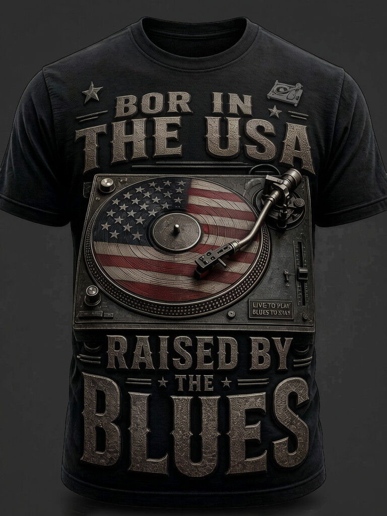Men's Vintage Metal Embossed USA Flag Vinyl Turntable Blues Music Print Casual T-Shirt
