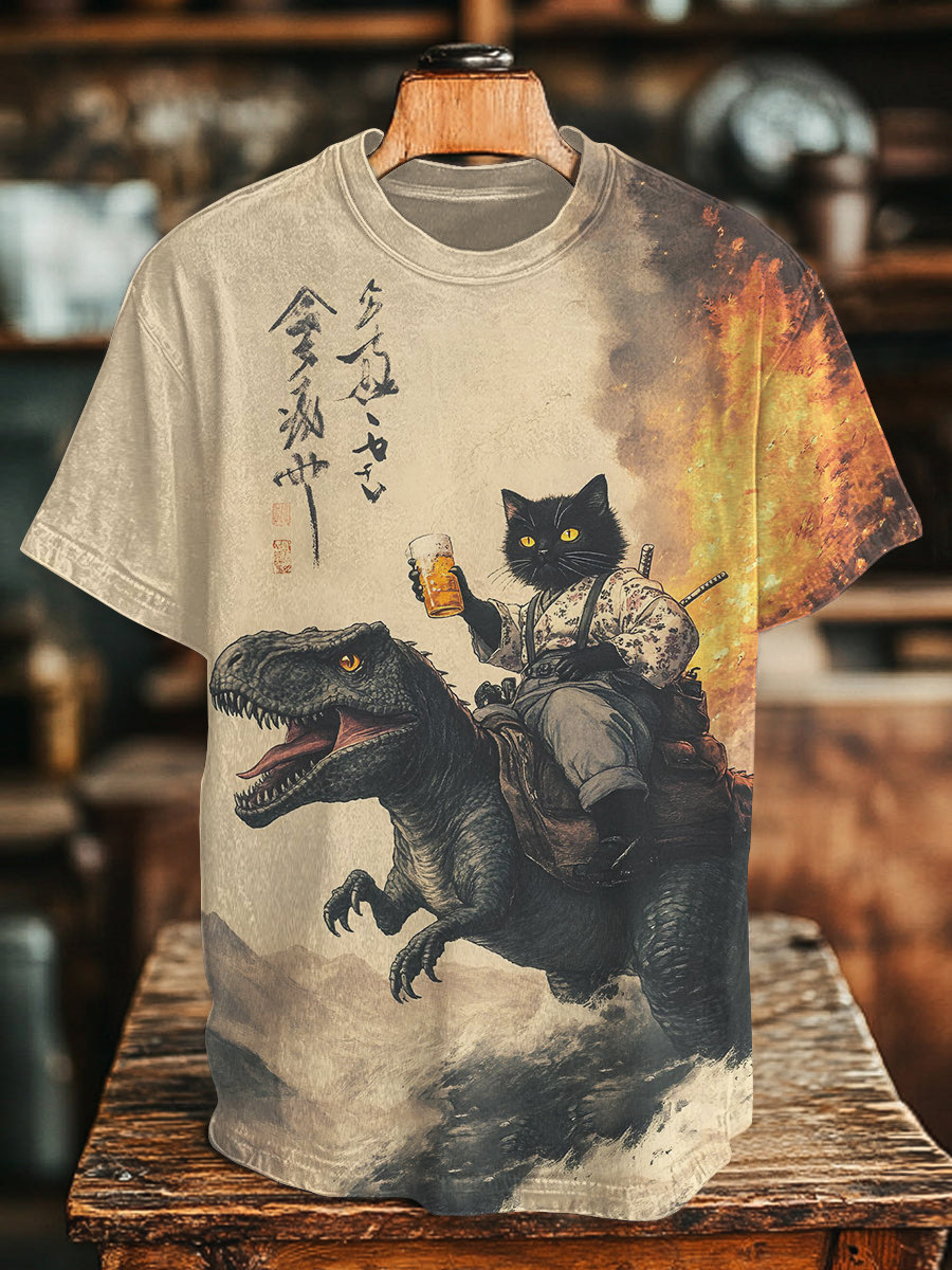 Men's Black Cat Samurai Dinosaur Sea Wave Print T-Shirt